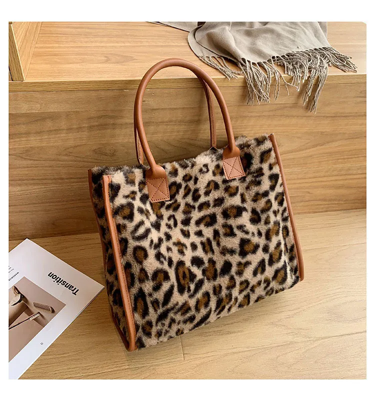 Large plush handbag with leopard print, car stitching, and magnetic buckle in Leopard Brown