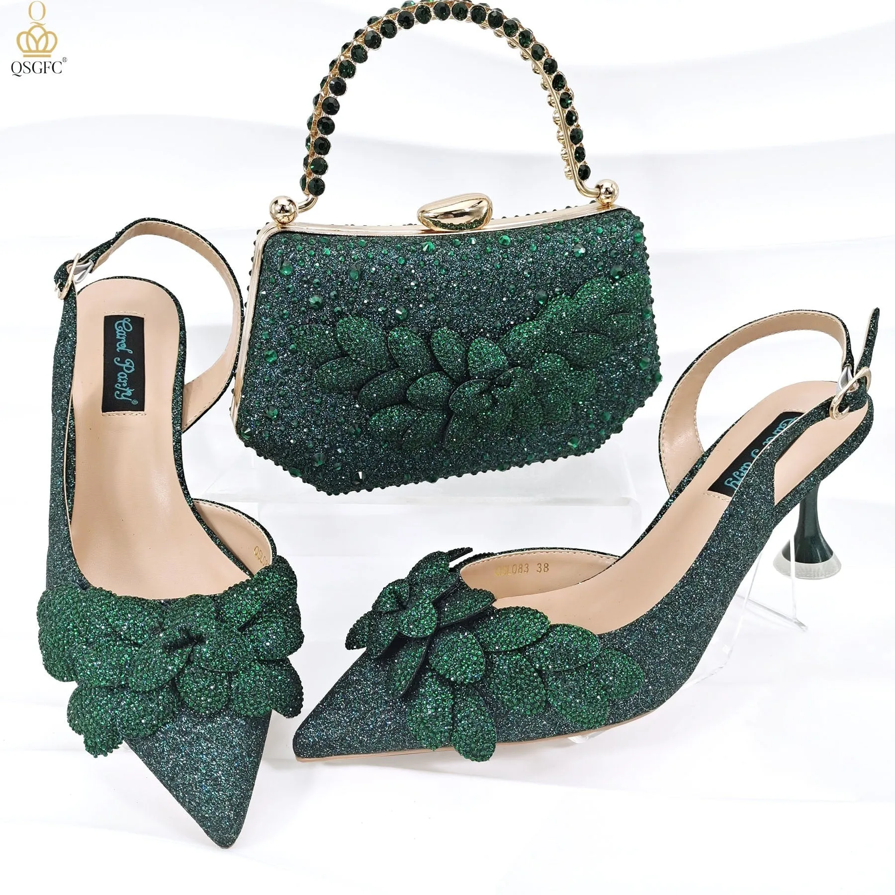 Party shoes and bag set with wine glass heel, rhinestone decoration, and buckle fastening in silver colour