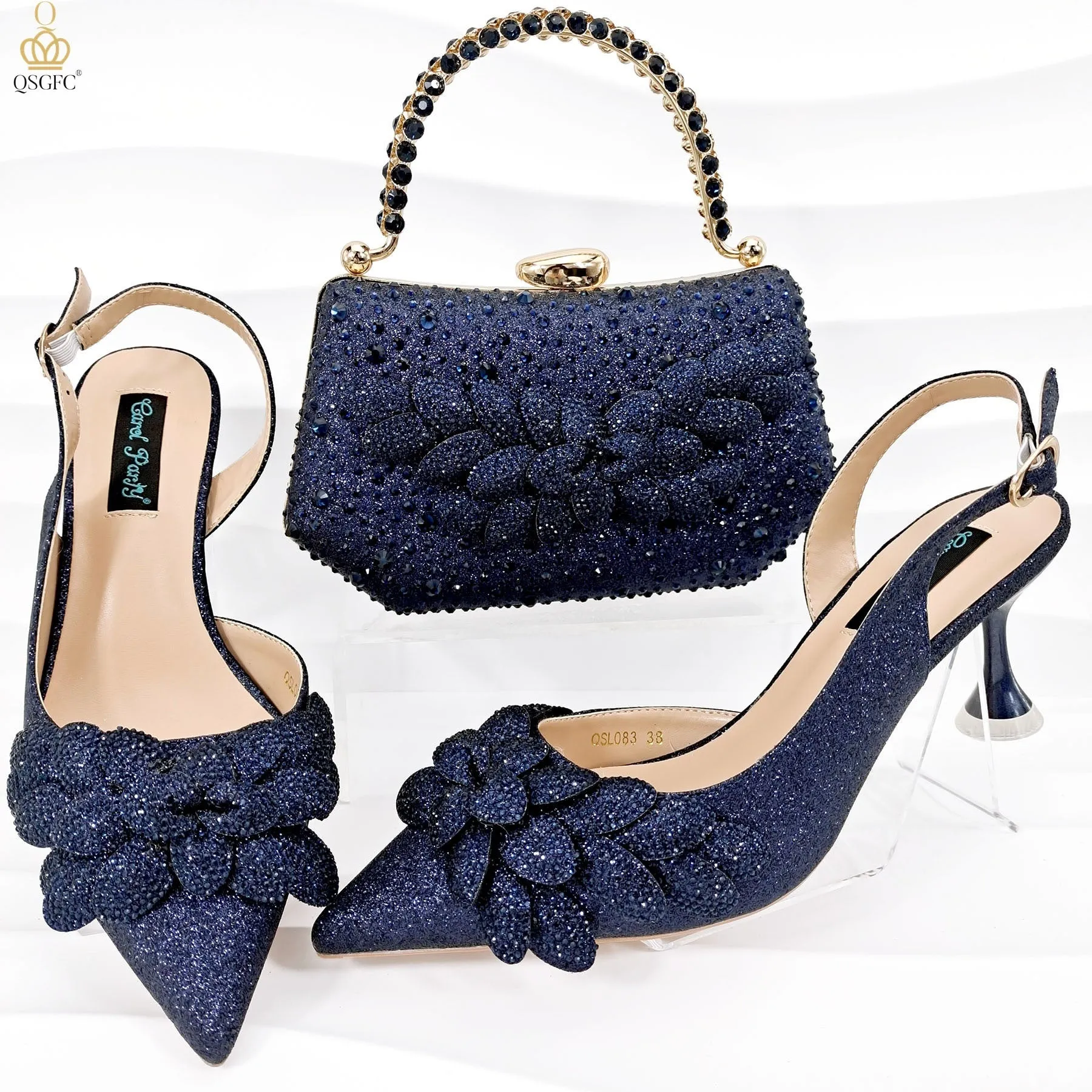 Party shoes and bag set with wine glass heel, rhinestone decoration, and buckle fastening in silver colour