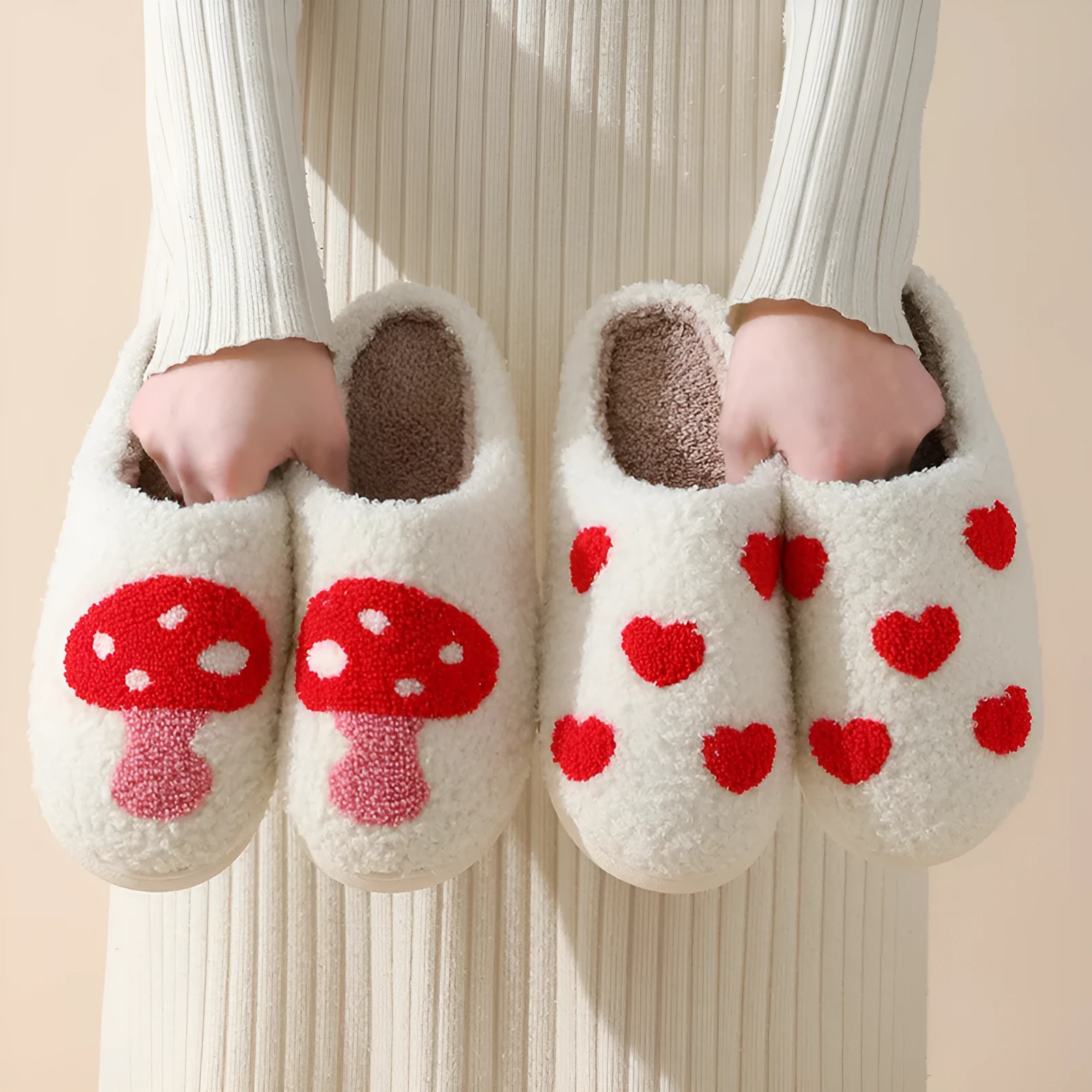 Women's plush cartoon-style home slippers with a round toe and PVC sole.