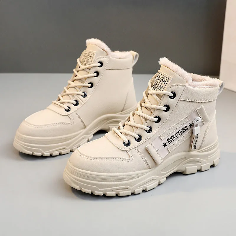 Fleece lace-up boots in black with high-top design, flat heel, and round toe. Artificial PU upper with short plush lining and waterproof platform.