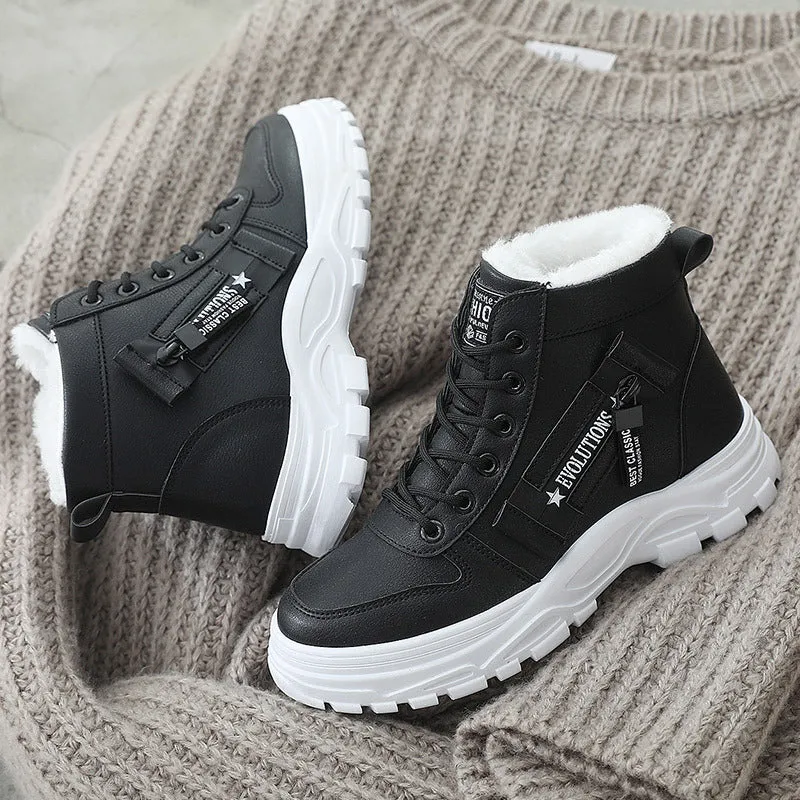 Fleece lace-up boots in black with high-top design, flat heel, and round toe. Artificial PU upper with short plush lining and waterproof platform.