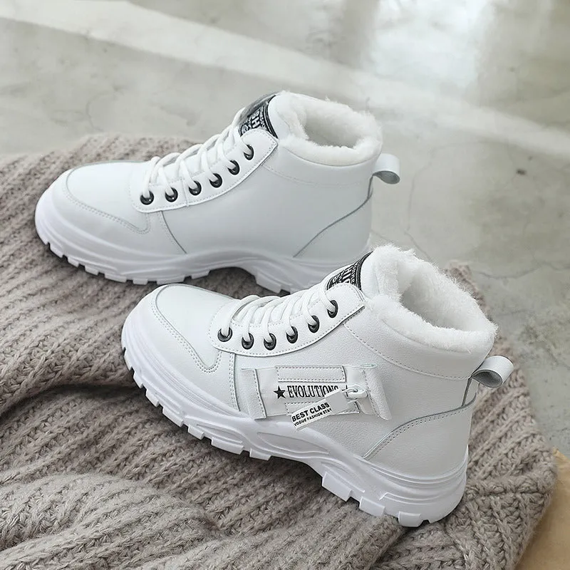 Fleece lace-up boots in black with high-top design, flat heel, and round toe. Artificial PU upper with short plush lining and waterproof platform.