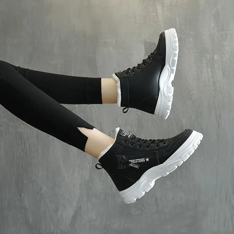 Fleece lace-up boots in black with high-top design, flat heel, and round toe. Artificial PU upper with short plush lining and waterproof platform.