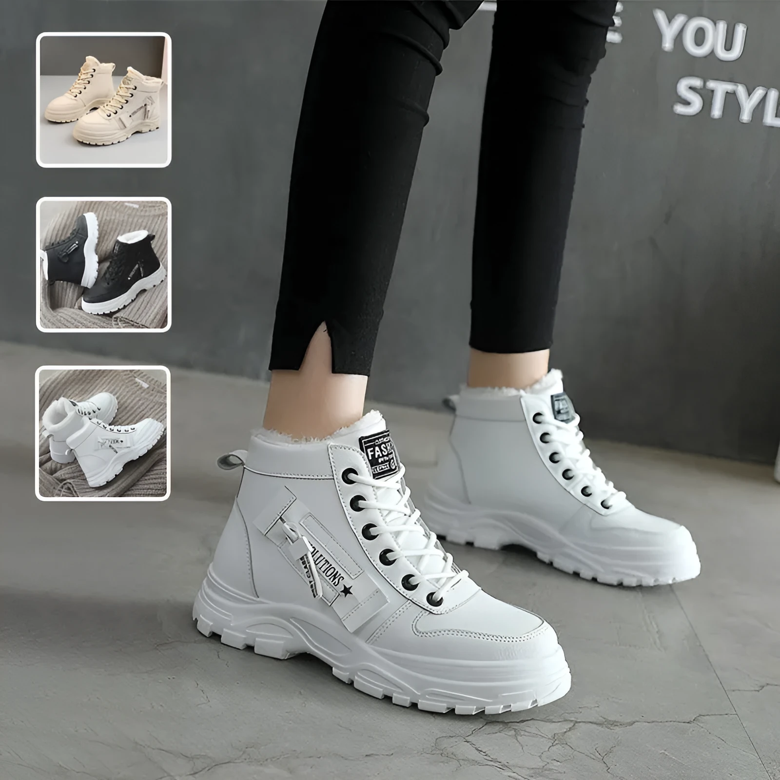 Fleece lace-up boots in black with high-top design, flat heel, and round toe. Artificial PU upper with short plush lining and waterproof platform.