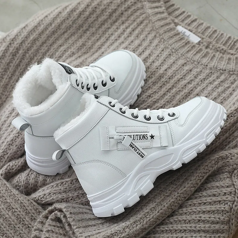 Fleece lace-up boots in black with high-top design, flat heel, and round toe. Artificial PU upper with short plush lining and waterproof platform.