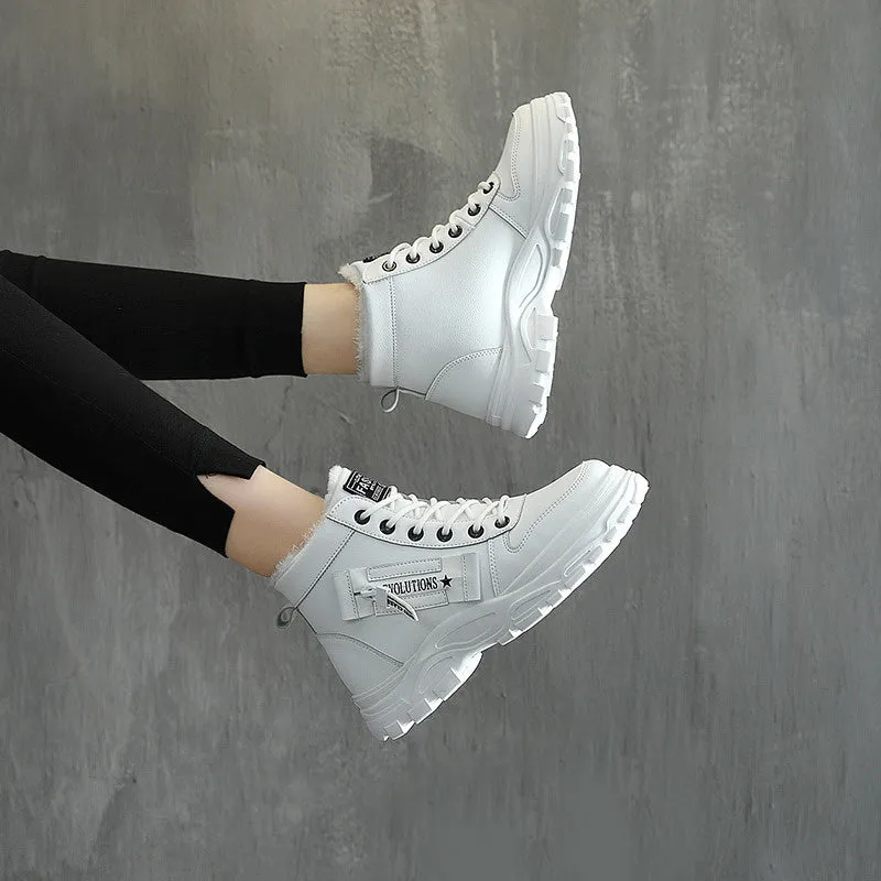 Fleece lace-up boots in black with high-top design, flat heel, and round toe. Artificial PU upper with short plush lining and waterproof platform.