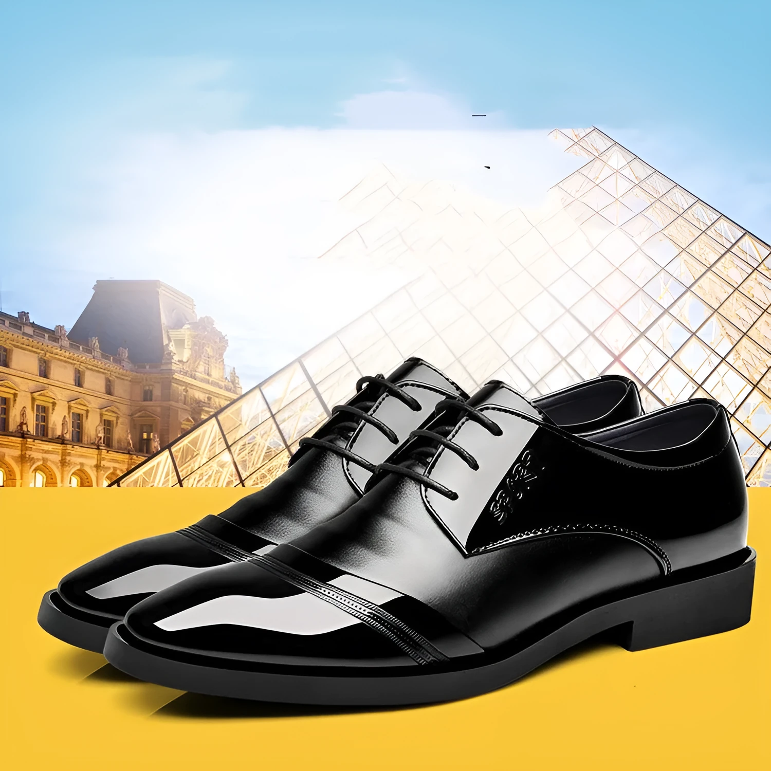 Men's casual pointed PU leather shoes in black with stitching details and rubber sole