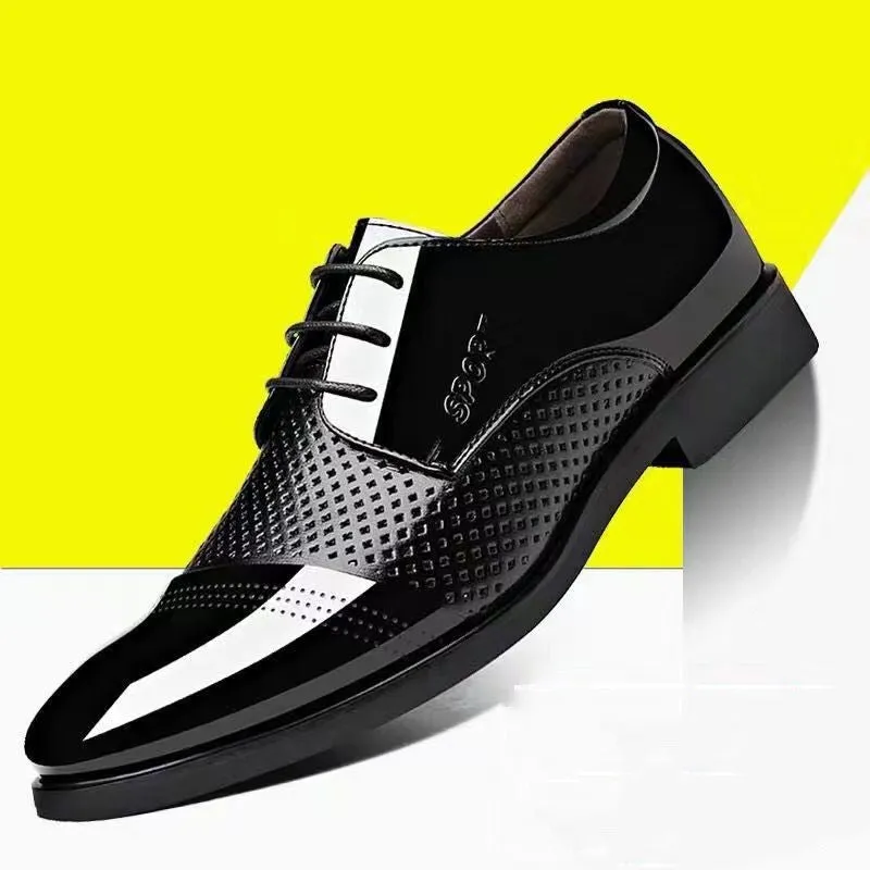 Men's casual pointed PU leather shoes in black with stitching details and rubber sole