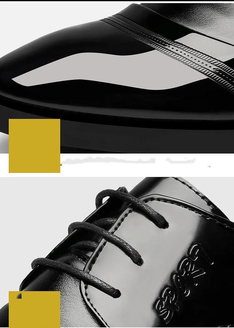 Men's casual pointed PU leather shoes in black with stitching details and rubber sole