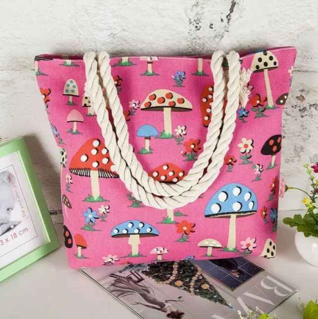 Large horizontal square canvas tote bag with zipper and double handles for women