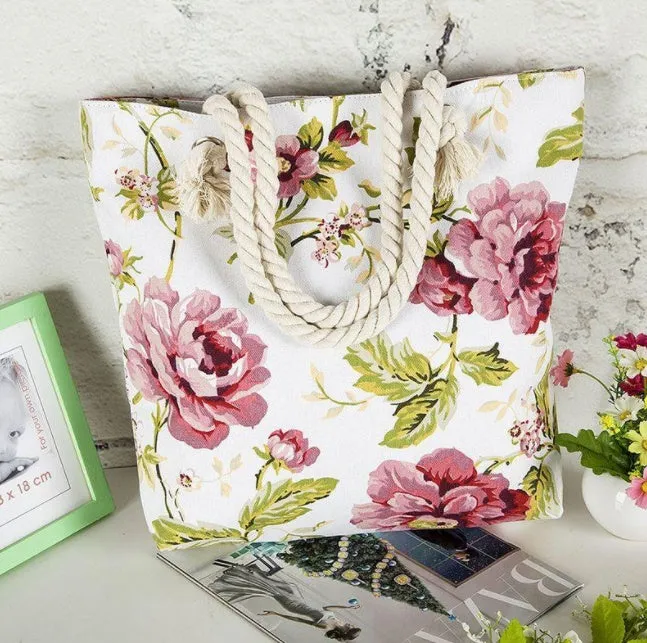Large horizontal square canvas tote bag with zipper and double handles for women