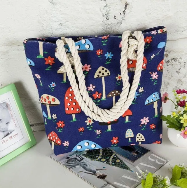 Large horizontal square canvas tote bag with zipper and double handles for women