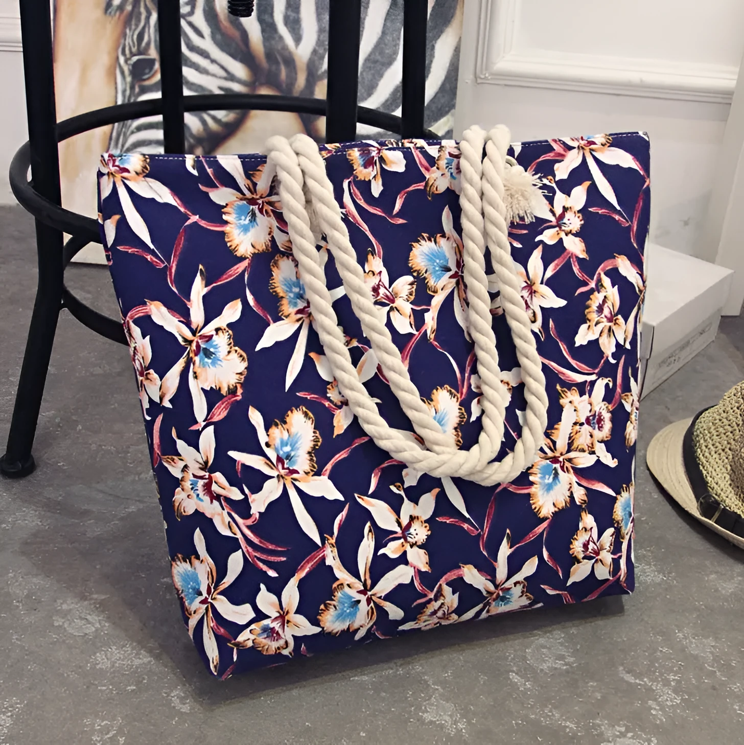 Large horizontal square canvas tote bag with zipper and double handles for women