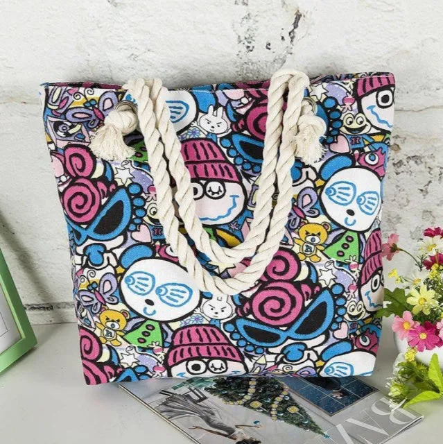 Large horizontal square canvas tote bag with zipper and double handles for women