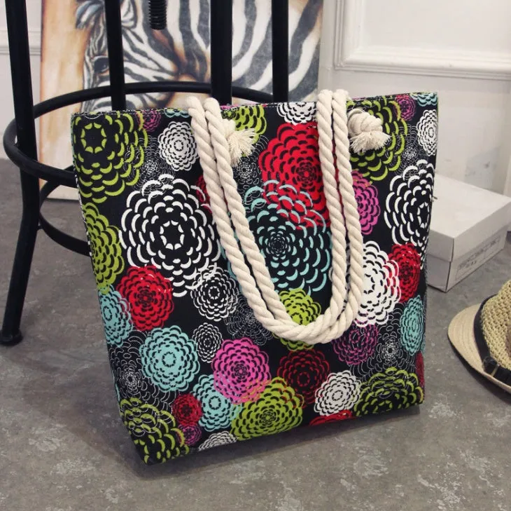 Large horizontal square canvas tote bag with zipper and double handles for women