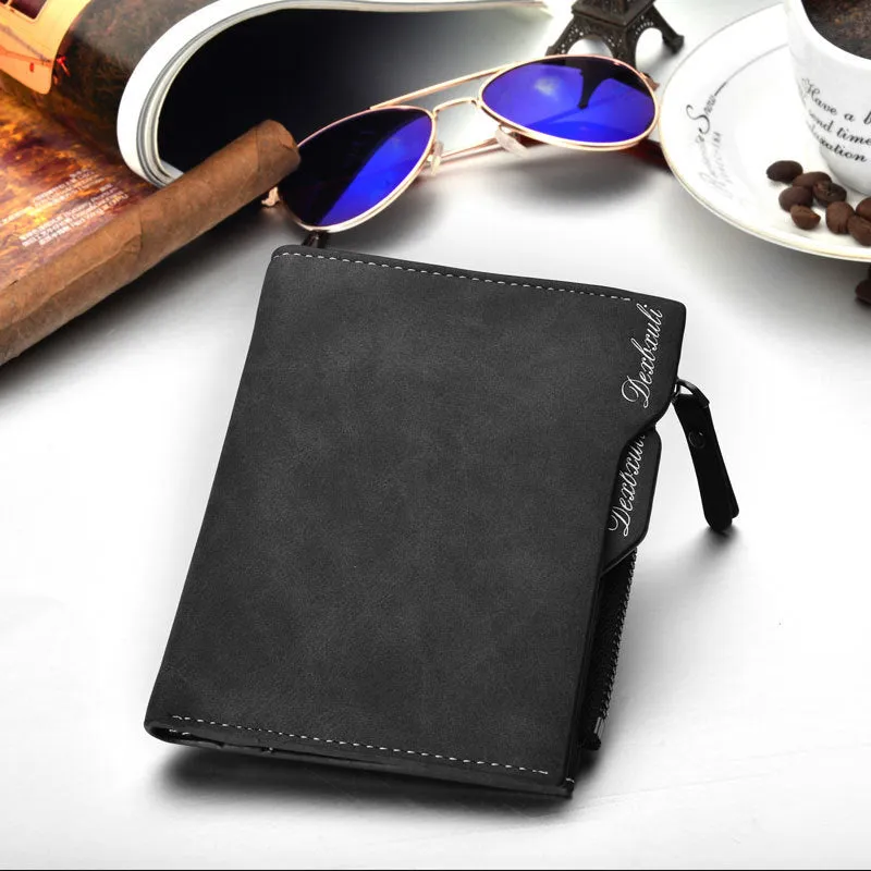 Men's short multifunctional vintage wallet with zipped coin pocket and driving licence slots, 10x12.2cm, in black, coffee, and greyish white