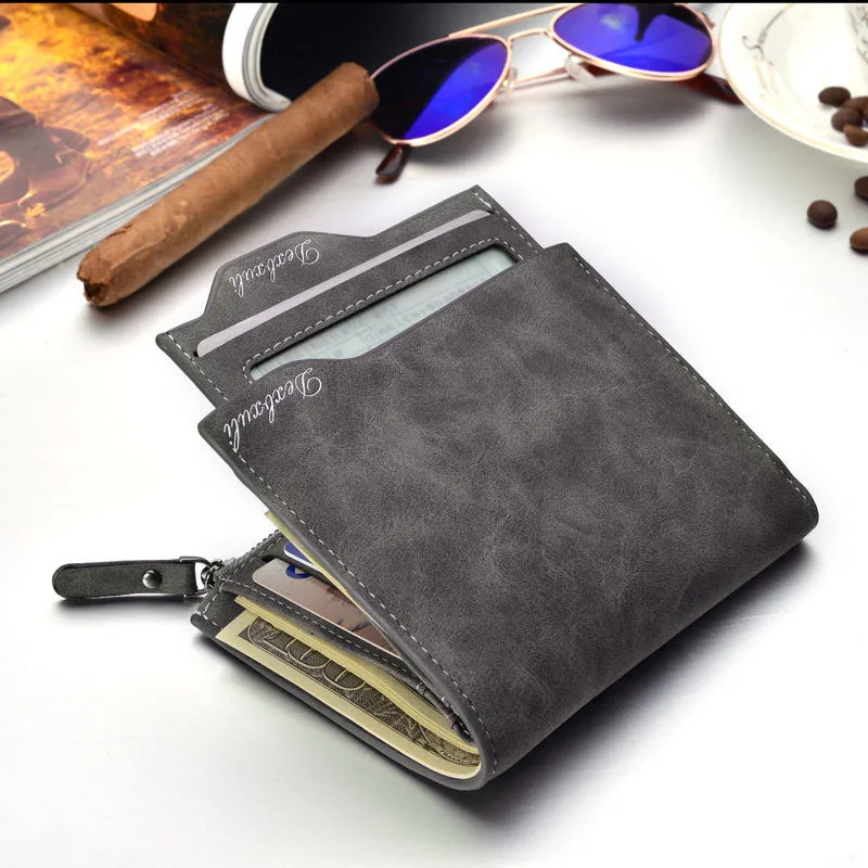 Men's short multifunctional vintage wallet with zipped coin pocket and driving licence slots, 10x12.2cm, in black, coffee, and greyish white