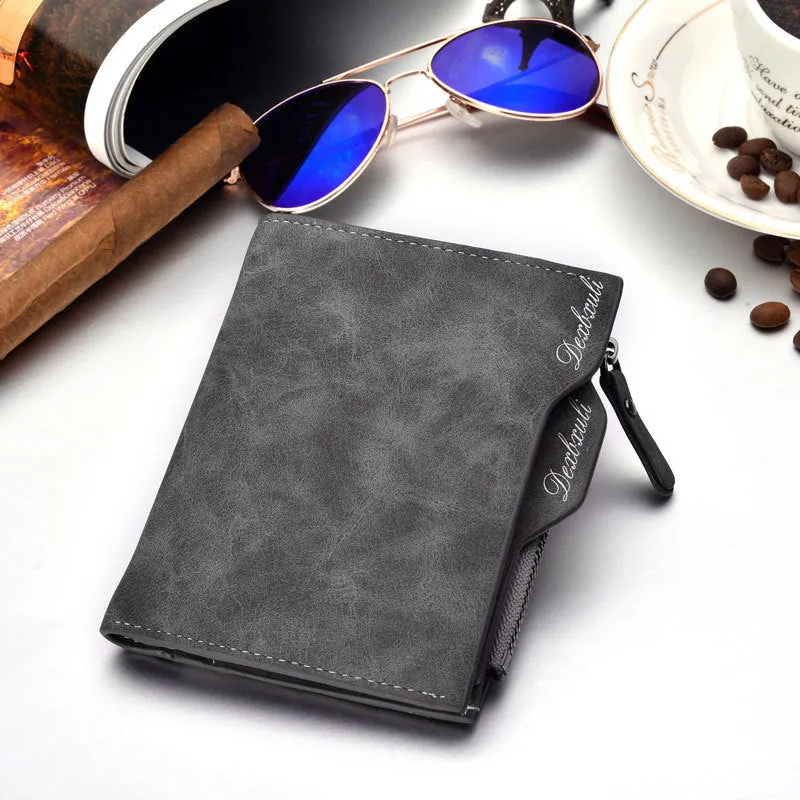 Men's short multifunctional vintage wallet with zipped coin pocket and driving licence slots, 10x12.2cm, in black, coffee, and greyish white