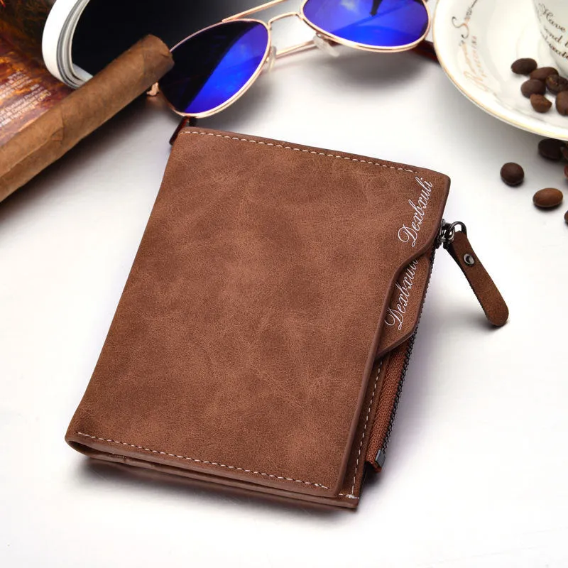 Men's short multifunctional vintage wallet with zipped coin pocket and driving licence slots, 10x12.2cm, in black, coffee, and greyish white