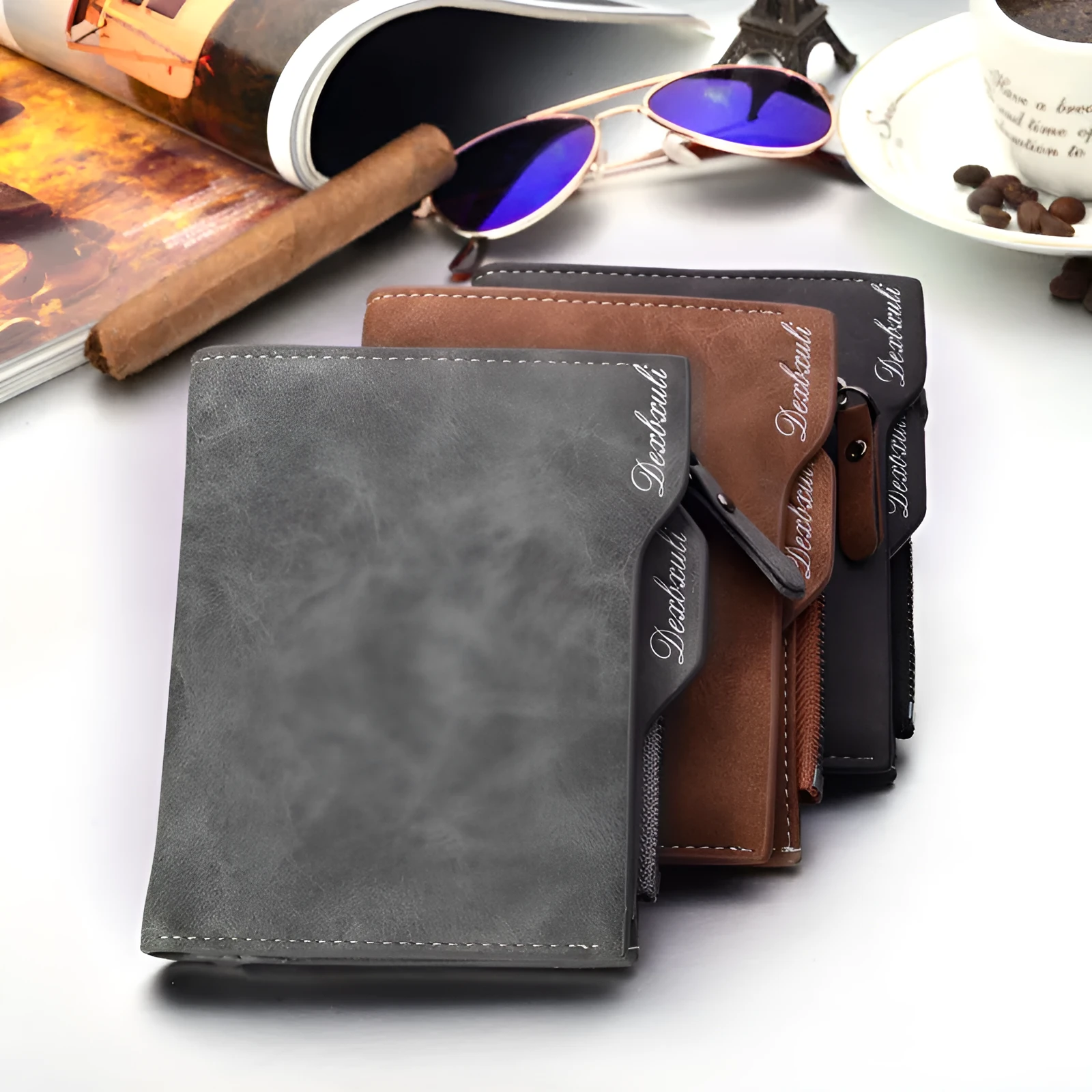 Men's short multifunctional vintage wallet with zipped coin pocket and driving licence slots, 10x12.2cm, in black, coffee, and greyish white