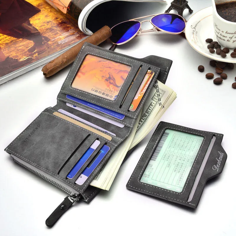 Men's short multifunctional vintage wallet with zipped coin pocket and driving licence slots, 10x12.2cm, in black, coffee, and greyish white