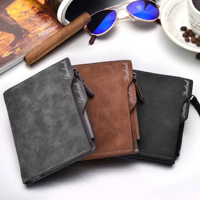 Men's short multifunctional vintage wallet with zipped coin pocket and driving licence slots, 10x12.2cm, in black, coffee, and greyish white
