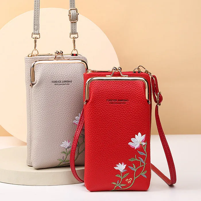 Flower embroidery soft PU phone bag with lock buckle, contrast stitching, five colours, vertical square shape