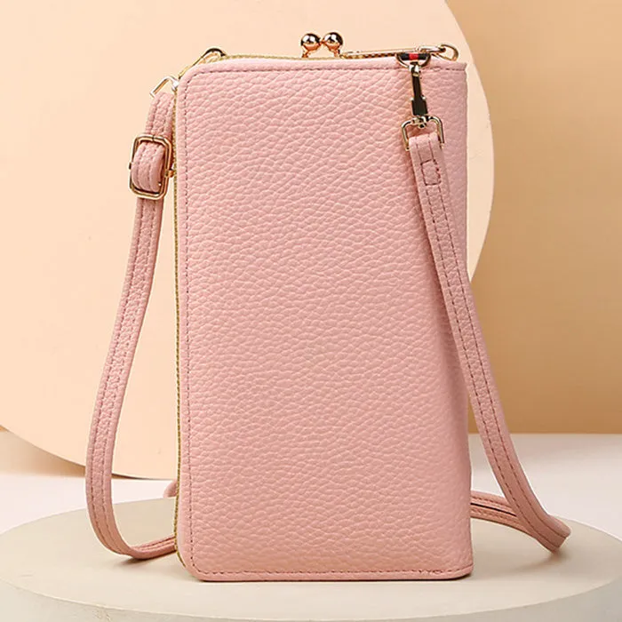 Flower embroidery soft PU phone bag with lock buckle, contrast stitching, five colours, vertical square shape