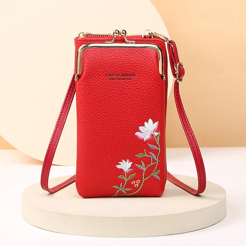 Flower embroidery soft PU phone bag with lock buckle, contrast stitching, five colours, vertical square shape