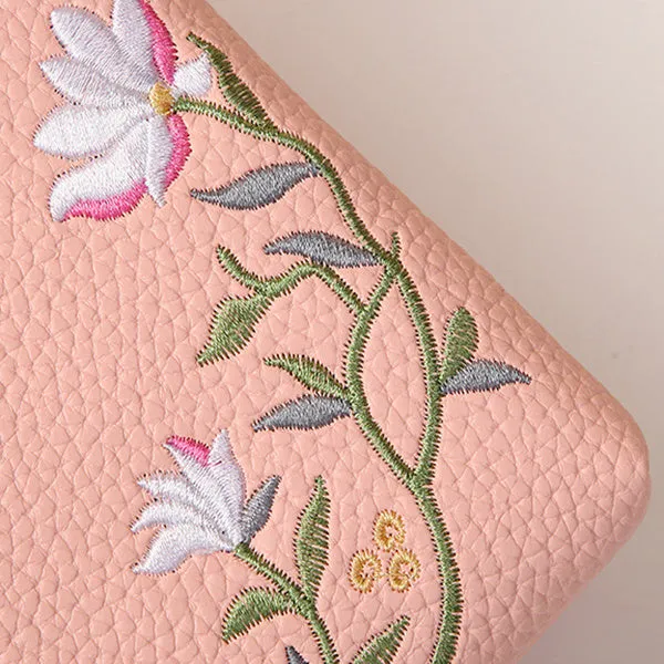 Flower embroidery soft PU phone bag with lock buckle, contrast stitching, five colours, vertical square shape