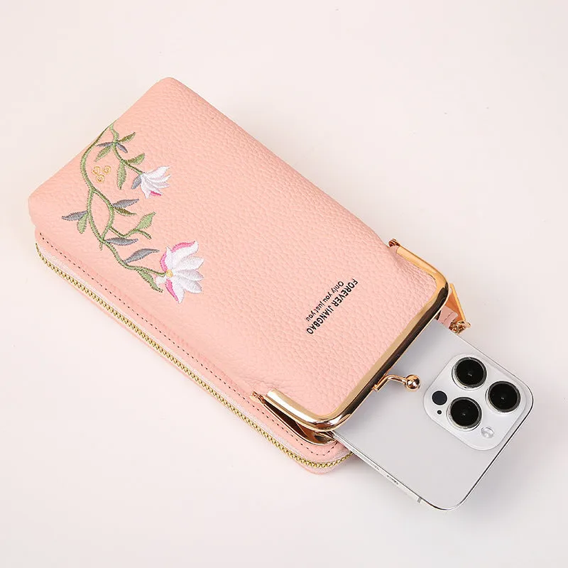 Flower embroidery soft PU phone bag with lock buckle, contrast stitching, five colours, vertical square shape