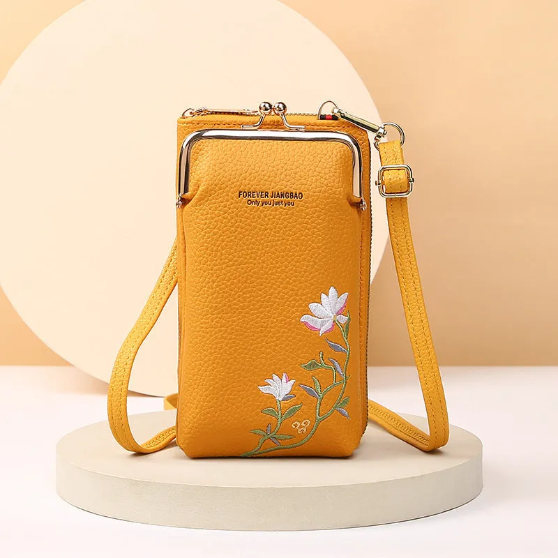 Flower embroidery soft PU phone bag with lock buckle, contrast stitching, five colours, vertical square shape