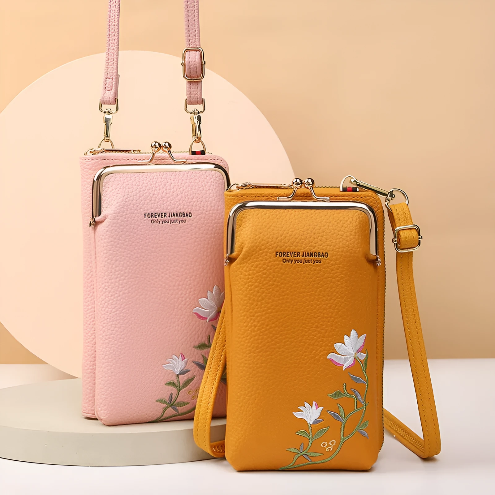 Flower embroidery soft PU phone bag with lock buckle, contrast stitching, five colours, vertical square shape