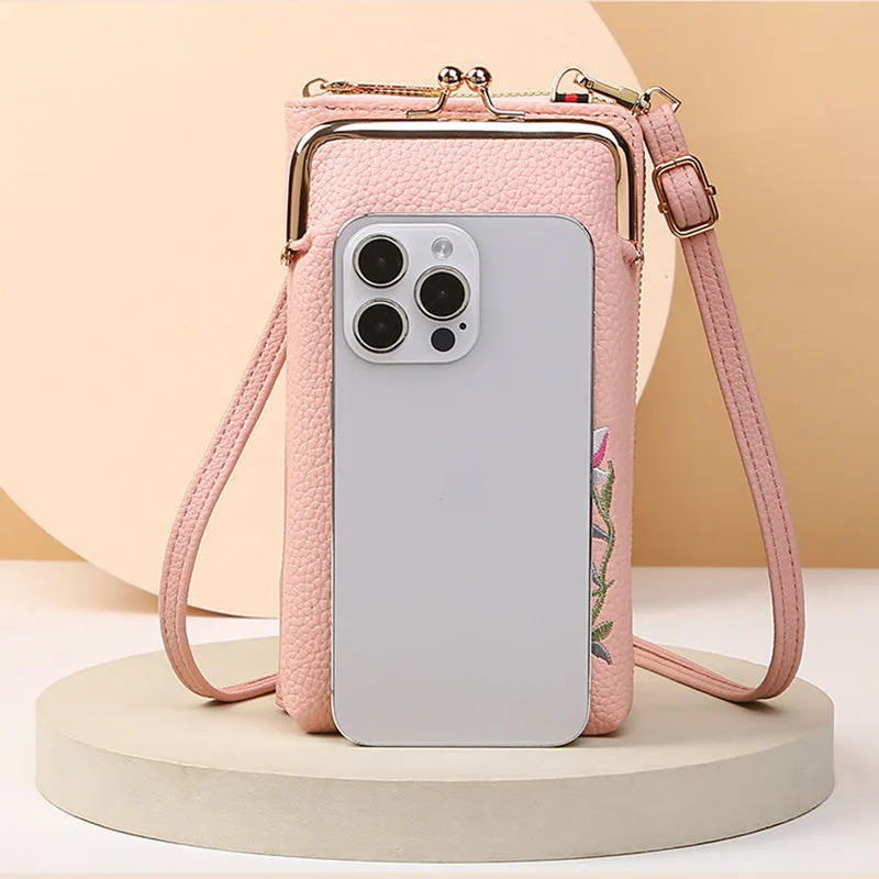Flower embroidery soft PU phone bag with lock buckle, contrast stitching, five colours, vertical square shape