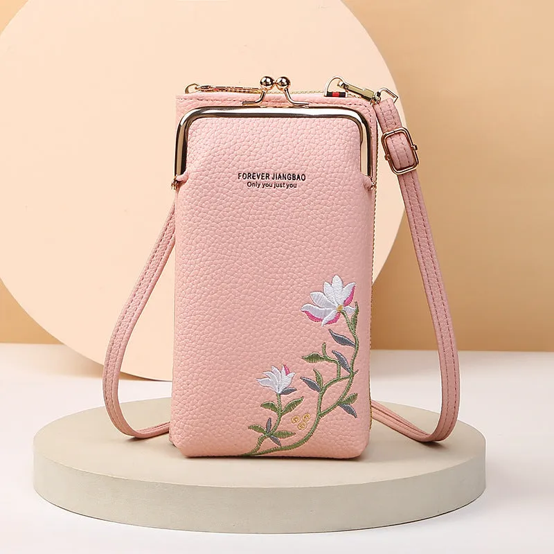 Flower embroidery soft PU phone bag with lock buckle, contrast stitching, five colours, vertical square shape
