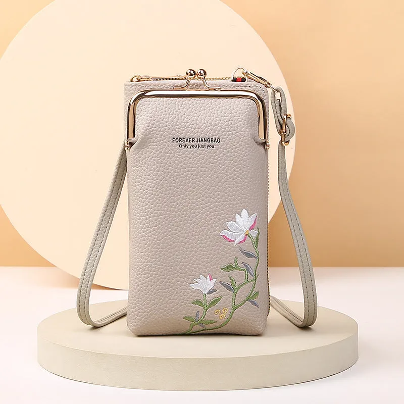 Flower embroidery soft PU phone bag with lock buckle, contrast stitching, five colours, vertical square shape