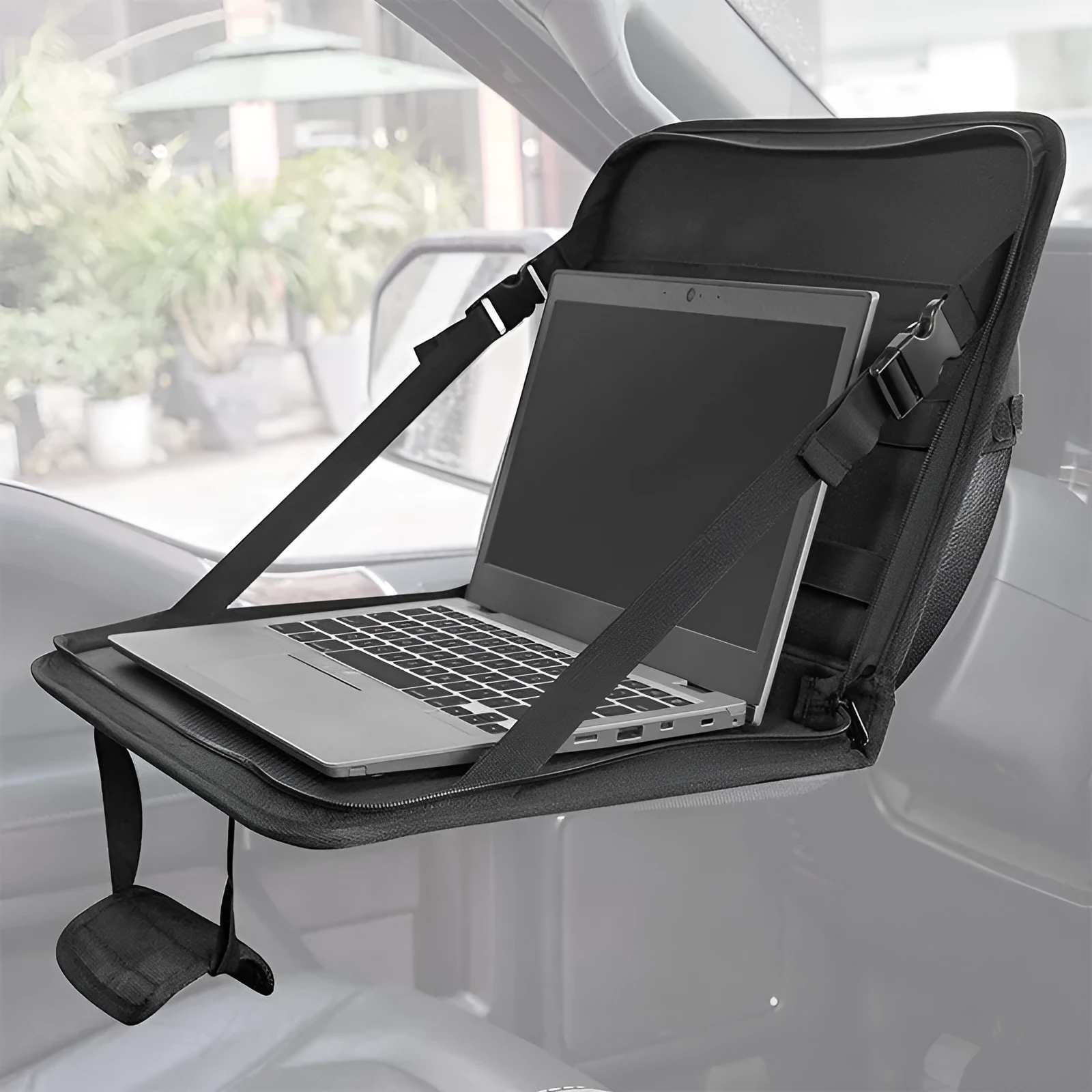 Black Oxford cloth computer bag with nylon lining and sewing thread details