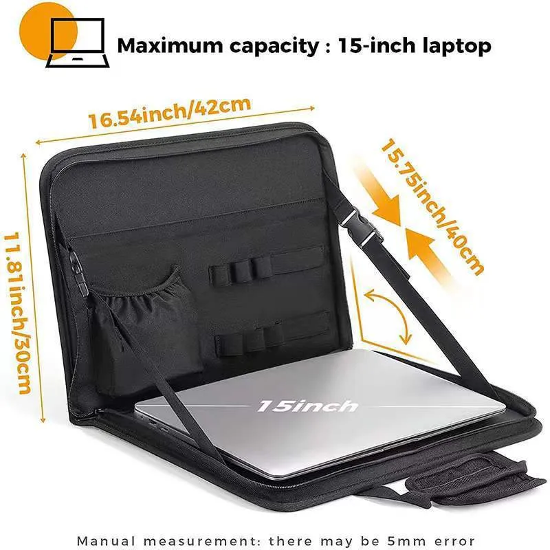Black Oxford cloth computer bag with nylon lining and sewing thread details
