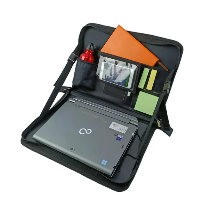Black Oxford cloth computer bag with nylon lining and sewing thread details