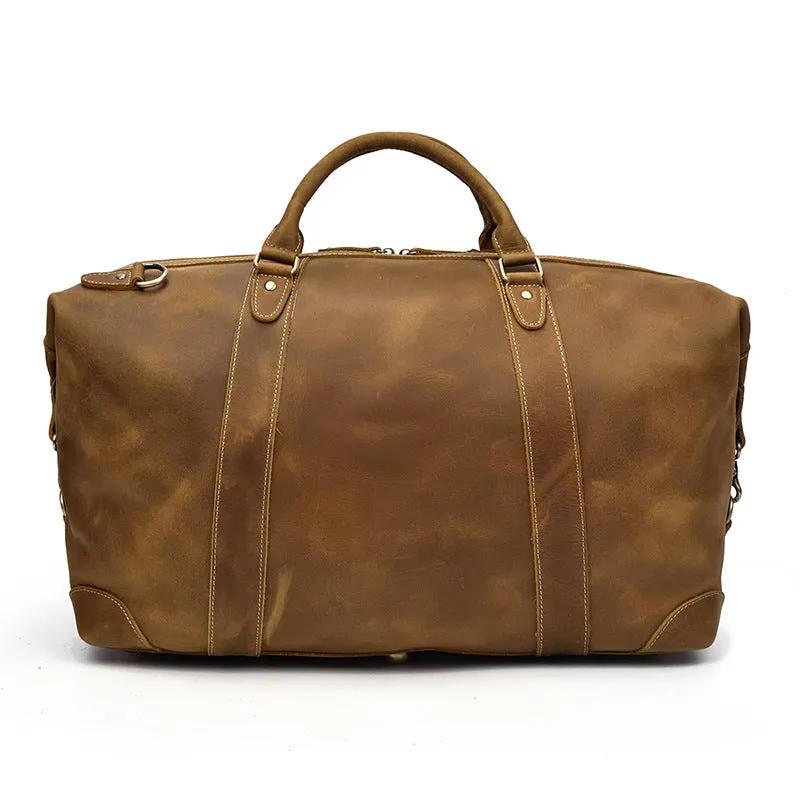 Genuine cowhide leather large capacity luggage bag in light brown with zipper closure and top handles