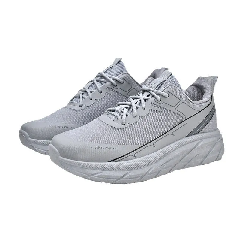 Men's black thick-soled anti-skid lace-up running sneakers with round toe and rubber sole on grey background