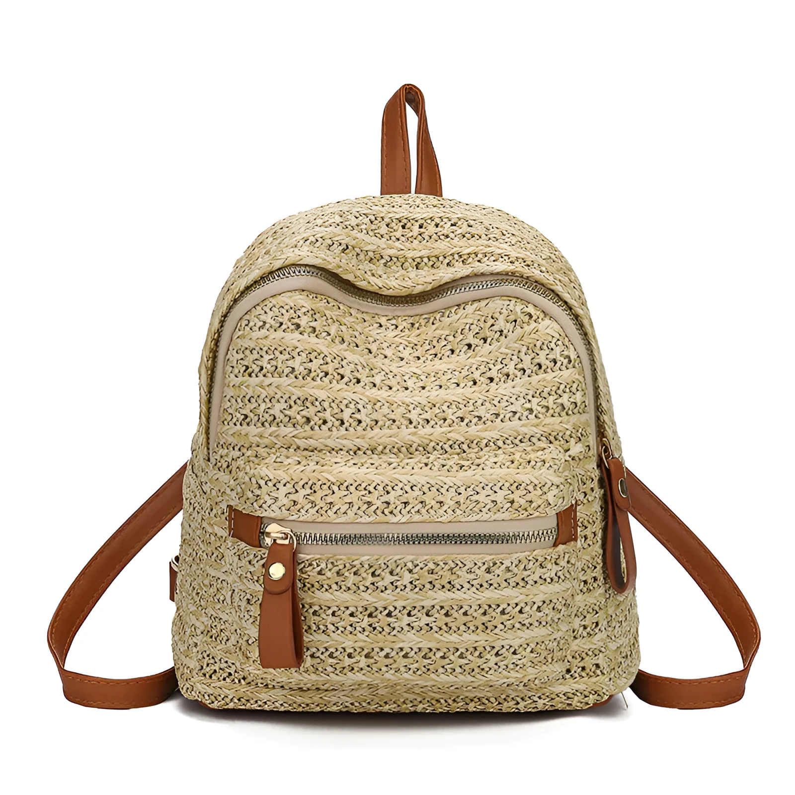 Handwoven straw backpack in beige white, 20x15x21cm, open-top design, lightweight natural fibre for casual beach travel use