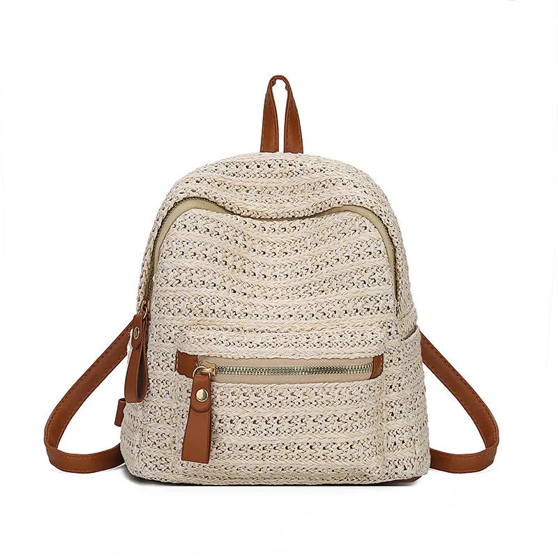 Handwoven straw backpack in beige white, 20x15x21cm, open-top design, lightweight natural fibre for casual beach travel use