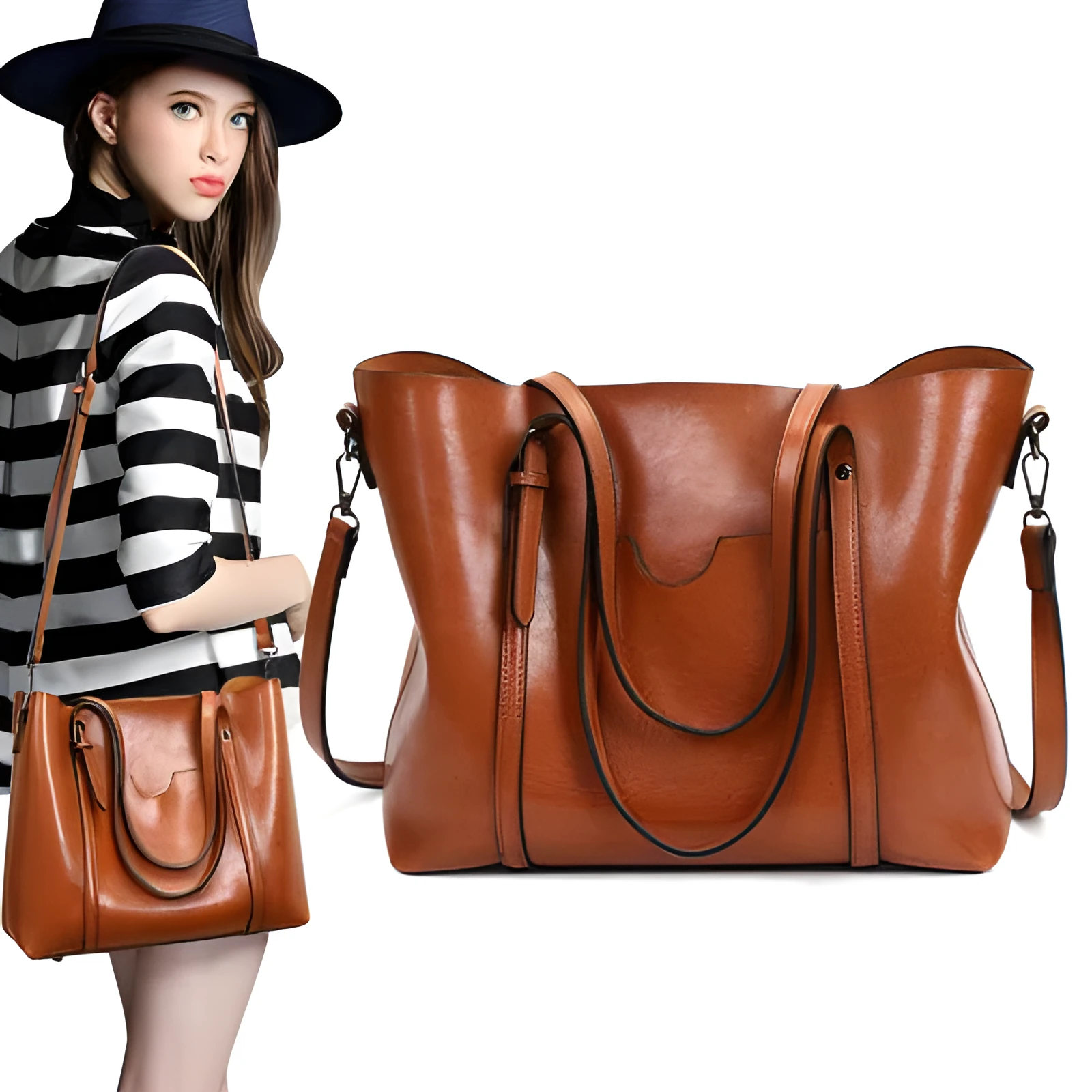 Retro-style brown PU messenger bag for women, shown with an A4 magazine inside to demonstrate capacity.