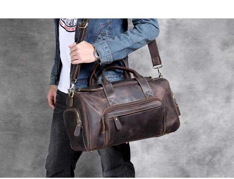 Genuine leather travel bag 20-35L capacity dark brown retro hand luggage with soft handle and shoulder strap