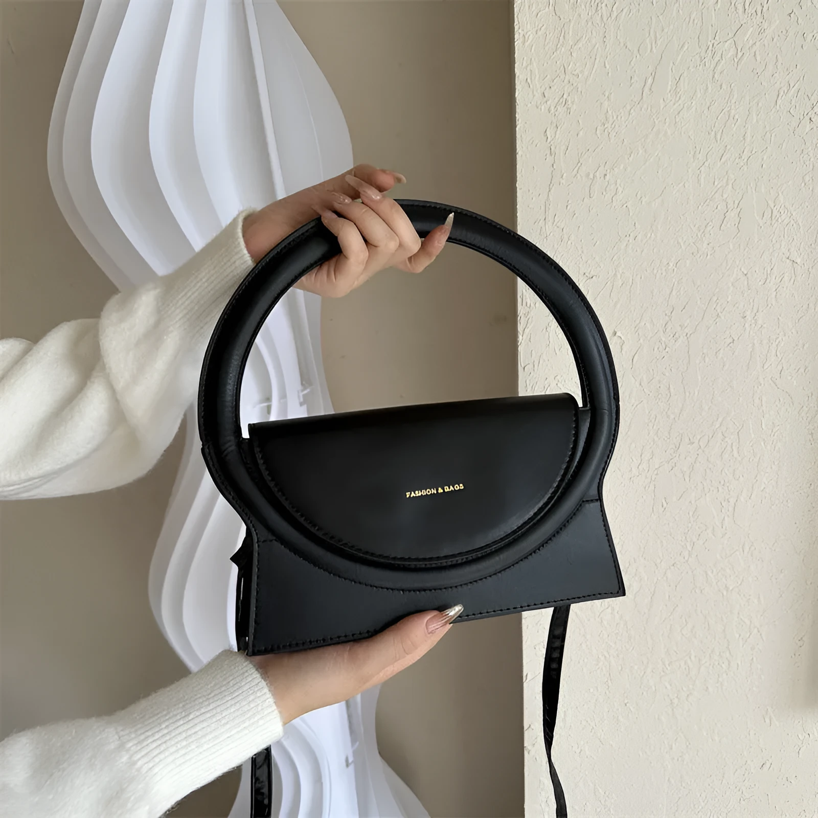 Horizontal square PU leather messenger bag with sandwich pocket and stitching detail
