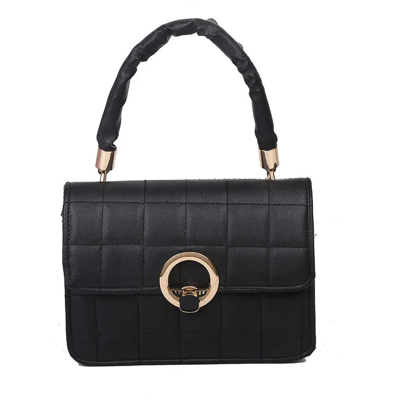 Small square PU messenger bag with embroidery thread detail, solid colour, crossbody style