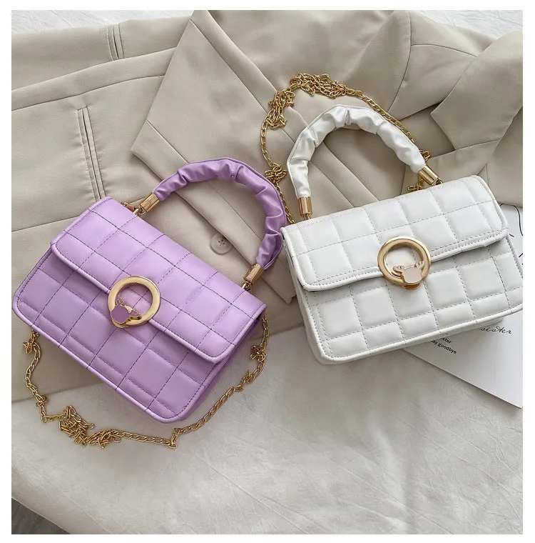 Small square PU messenger bag with embroidery thread detail, solid colour, crossbody style