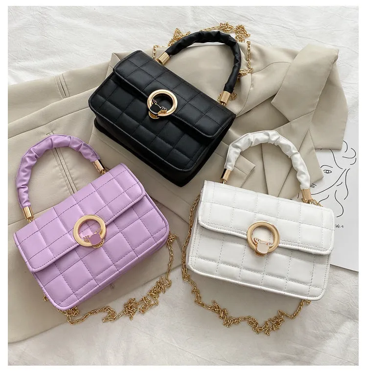 Small square PU messenger bag with embroidery thread detail, solid colour, crossbody style